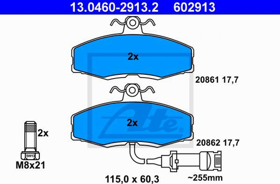 ATE 602913 - Тормозные колодки, дисковые, комплект avtokuzovplus.com.ua