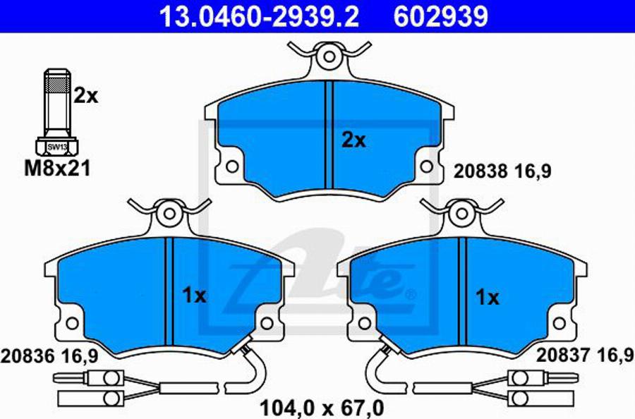 ATE 602939 - Тормозные колодки, дисковые, комплект autodnr.net