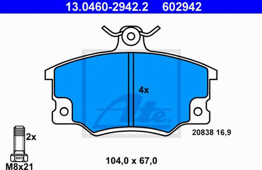 ATE 602942 - Тормозные колодки, дисковые, комплект avtokuzovplus.com.ua