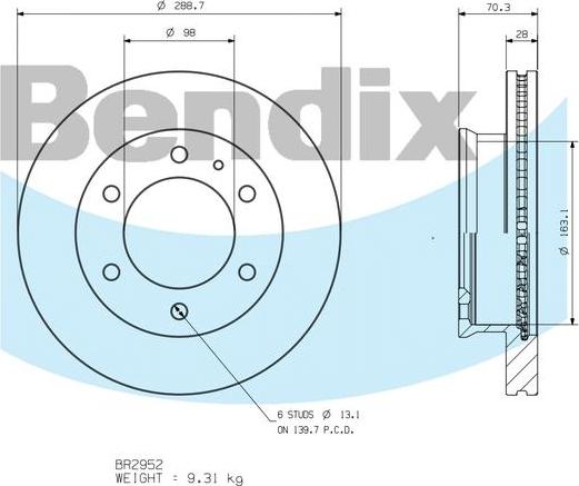 BENDIX BR2952 - Гальмівний диск autocars.com.ua