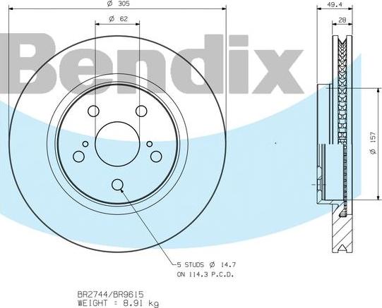 BENDIX BR9615 - Гальмівний диск autocars.com.ua