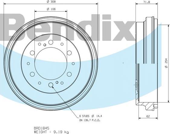 BENDIX BRD1845 - Гальмівний барабан autocars.com.ua