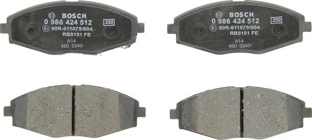 BOSCH 0 986 424 512 - Гальмівні колодки, дискові гальма autocars.com.ua