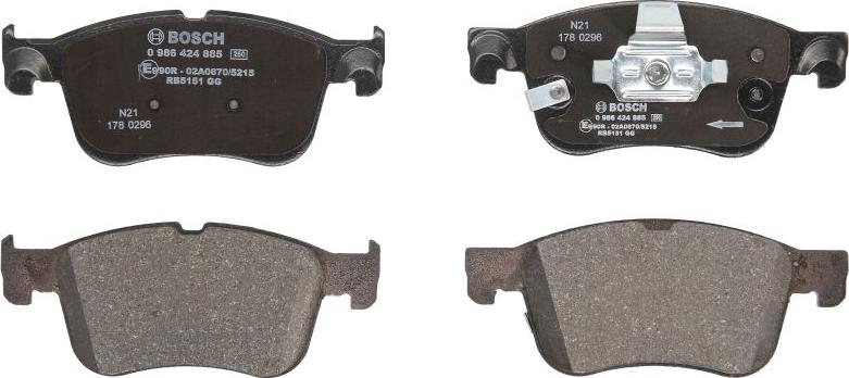 BOSCH 0 986 424 885 - Гальмівні колодки, дискові гальма autocars.com.ua