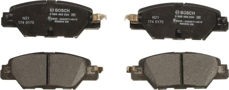 BOSCH 0 986 460 006 - Гальмівні колодки, дискові гальма autocars.com.ua