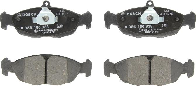 BOSCH 0 986 460 938 - Гальмівні колодки, дискові гальма autocars.com.ua