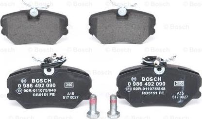 BOSCH 0 986 492 090 - Гальмівні колодки, дискові гальма autocars.com.ua