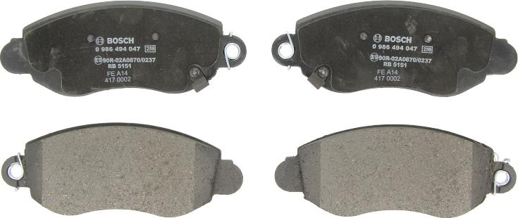 BOSCH 0 986 494 047 - Гальмівні колодки, дискові гальма autocars.com.ua