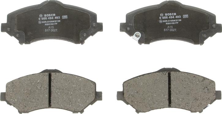 BOSCH 0 986 494 493 - Гальмівні колодки, дискові гальма autocars.com.ua