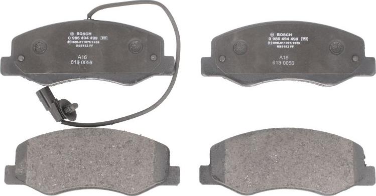 BOSCH 0 986 494 499 - Гальмівні колодки, дискові гальма autocars.com.ua