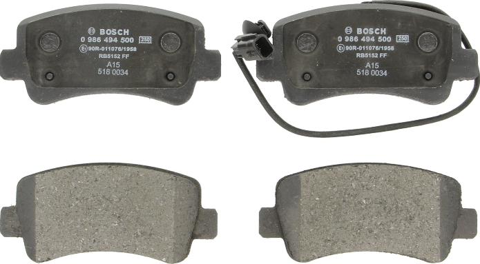 BOSCH 0 986 494 500 - Гальмівні колодки, дискові гальма autocars.com.ua