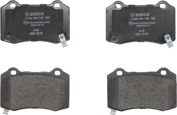 BOSCH 0 986 494 708 - Гальмівні колодки, дискові гальма autocars.com.ua