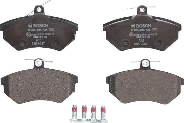 BOSCH 0 986 494 726 - Гальмівні колодки, дискові гальма autocars.com.ua