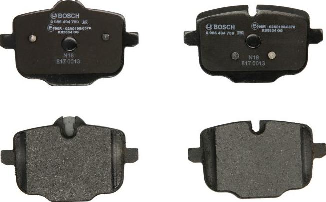 BOSCH 0 986 494 759 - Гальмівні колодки, дискові гальма autocars.com.ua