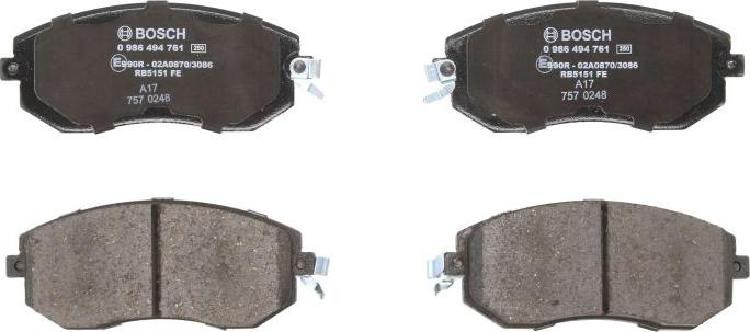 BOSCH 0 986 494 761 - Гальмівні колодки, дискові гальма autocars.com.ua