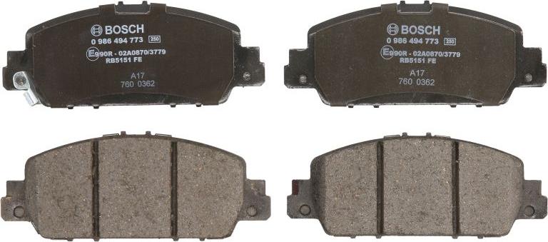 BOSCH 0 986 494 773 - Гальмівні колодки, дискові гальма autocars.com.ua