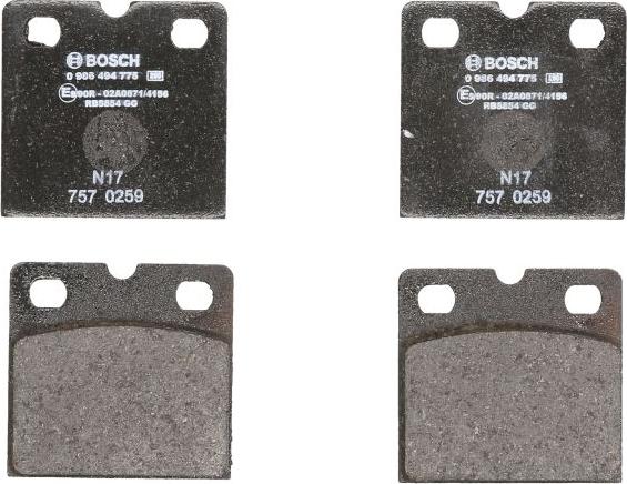 BOSCH 0 986 494 775 - Гальмівні колодки, дискові гальма autocars.com.ua