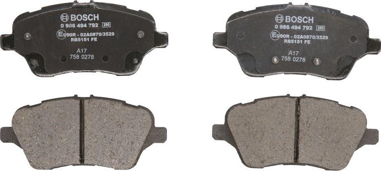BOSCH 0 986 494 792 - Гальмівні колодки, дискові гальма autocars.com.ua