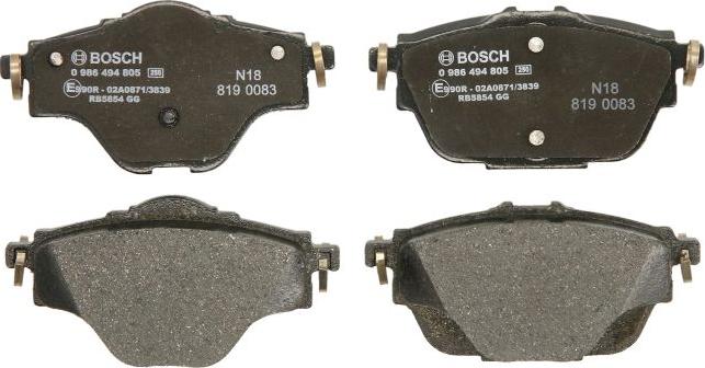BOSCH 0 986 494 805 - Гальмівні колодки, дискові гальма autocars.com.ua