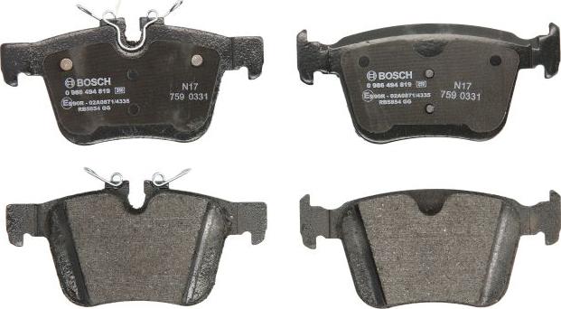BOSCH 0 986 494 819 - Гальмівні колодки, дискові гальма autocars.com.ua