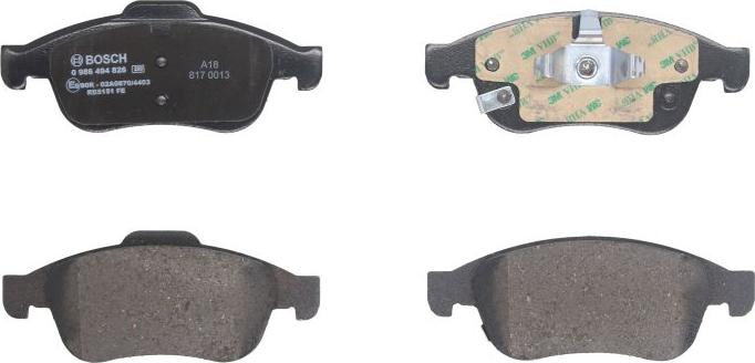 BOSCH 0 986 494 826 - Гальмівні колодки, дискові гальма autocars.com.ua