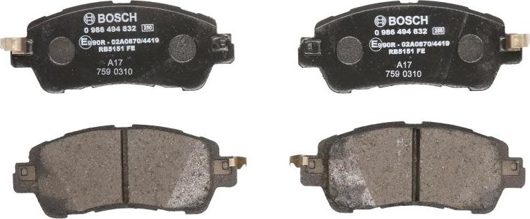 BOSCH 0 986 494 832 - Гальмівні колодки, дискові гальма autocars.com.ua
