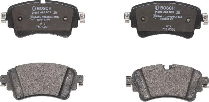 BOSCH 0 986 494 833 - Гальмівні колодки, дискові гальма autocars.com.ua