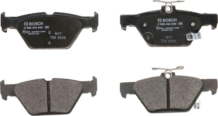 BOSCH 0 986 494 836 - Гальмівні колодки, дискові гальма autocars.com.ua