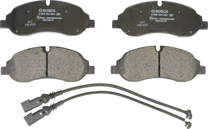 BOSCH 0 986 494 845 - Гальмівні колодки, дискові гальма autocars.com.ua