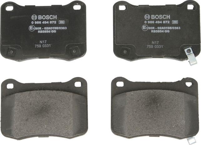 BOSCH 0 986 494 872 - Гальмівні колодки, дискові гальма autocars.com.ua