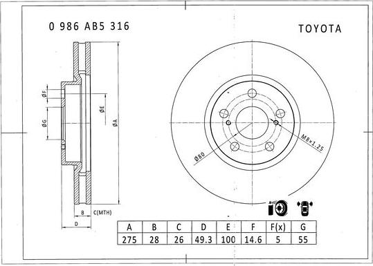 BOSCH 0 986 AB5 316 - Тормозной диск avtokuzovplus.com.ua