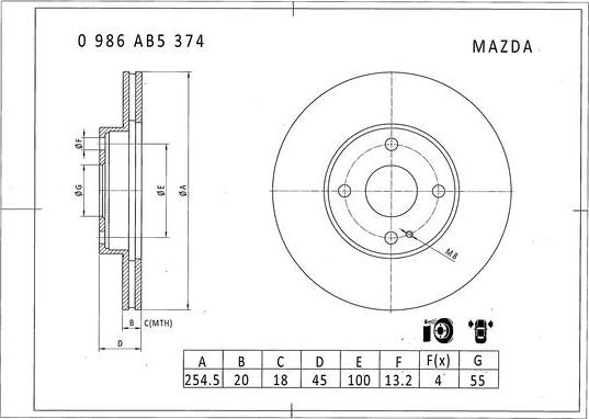 BOSCH 0 986 AB5 374 - Гальмівний диск autocars.com.ua