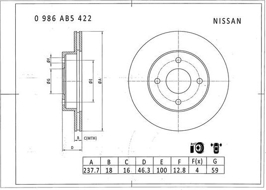 BOSCH 0 986 AB5 422 - Гальмівний диск autocars.com.ua