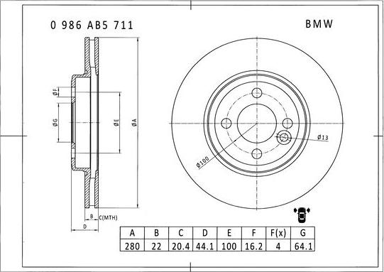 BOSCH 0 986 AB5 711 - Гальмівний диск autocars.com.ua