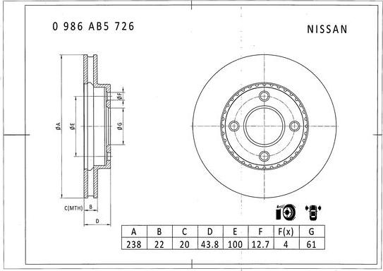 BOSCH 0 986 AB5 726 - Гальмівний диск autocars.com.ua