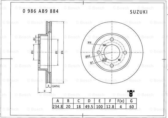 BOSCH 0 986 AB9 884 - Гальмівний диск autocars.com.ua