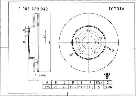 BOSCH 0 986 AB9 942 - Гальмівний диск autocars.com.ua