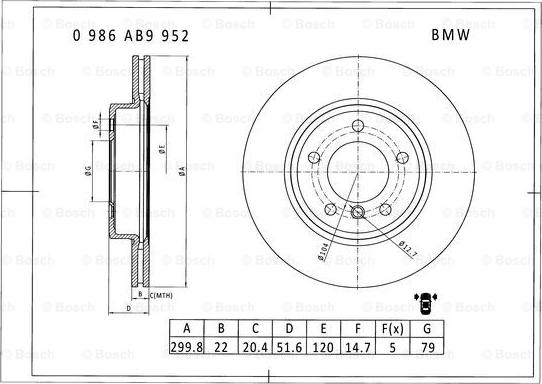 BOSCH 0 986 AB9 952 - Гальмівний диск autocars.com.ua