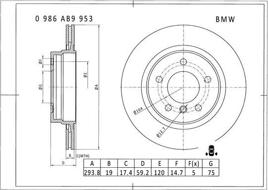 BOSCH 0 986 AB9 953 - Гальмівний диск autocars.com.ua