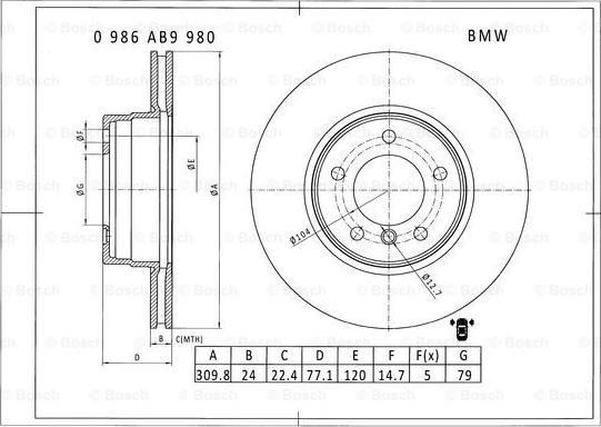 BOSCH 0 986 AB9 980 - Тормозной диск avtokuzovplus.com.ua