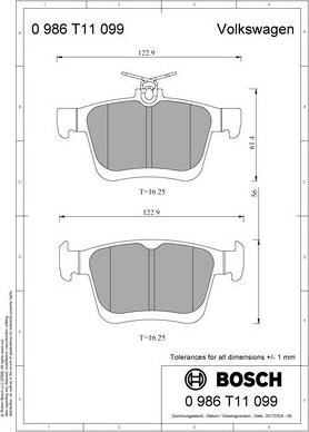 BOSCH 0 986 T11 099 - Гальмівні колодки, дискові гальма autocars.com.ua