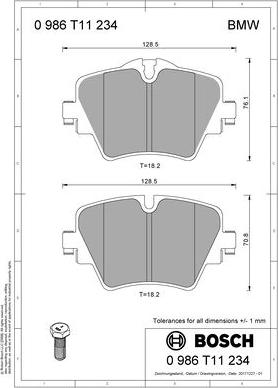 BOSCH 0 986 T11 234 - Тормозные колодки, дисковые, комплект avtokuzovplus.com.ua