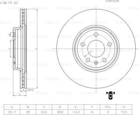 BOSCH 0 986 T15 152 - Гальмівний диск autocars.com.ua