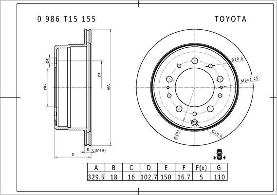 BOSCH 0 986 T15 155 - Тормозной диск avtokuzovplus.com.ua