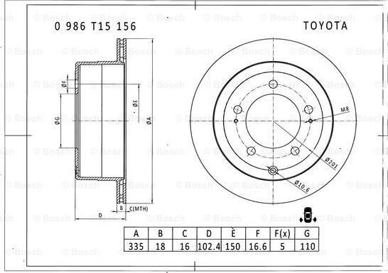 BOSCH 0 986 T15 156 - Гальмівний диск autocars.com.ua