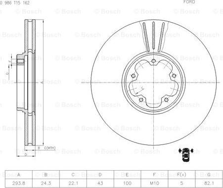 BOSCH 0 986 T15 162 - Гальмівний диск autocars.com.ua