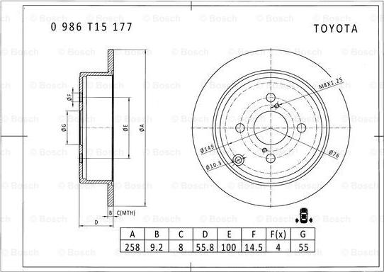 BOSCH 0 986 T15 177 - Тормозной диск avtokuzovplus.com.ua