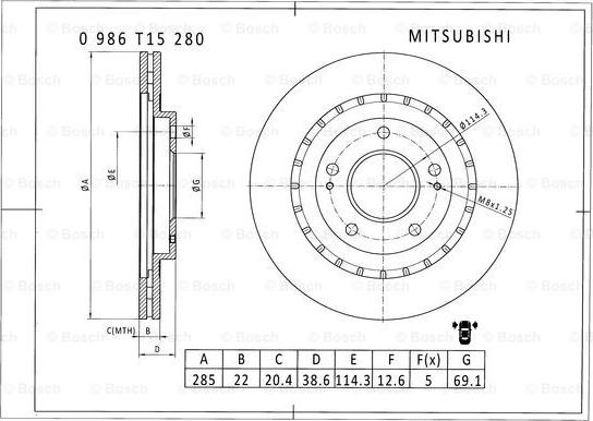 BOSCH 0 986 T15 280 - Гальмівний диск autocars.com.ua