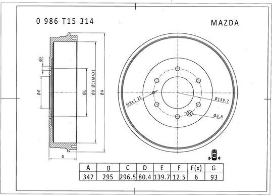 BOSCH 0 986 T15 314 - Гальмівний барабан autocars.com.ua