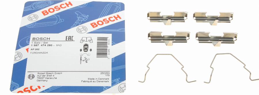 BOSCH 1 987 474 280 - Комплектуючі, колодки дискового гальма autocars.com.ua